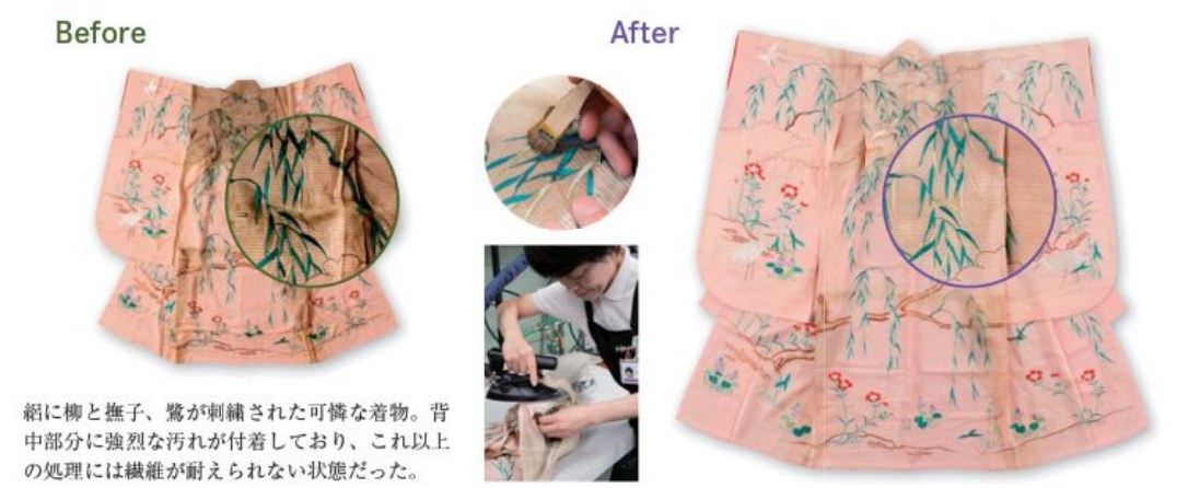 絽に柳と撫子、鷺が刺繍された着物のビフォーアフター
