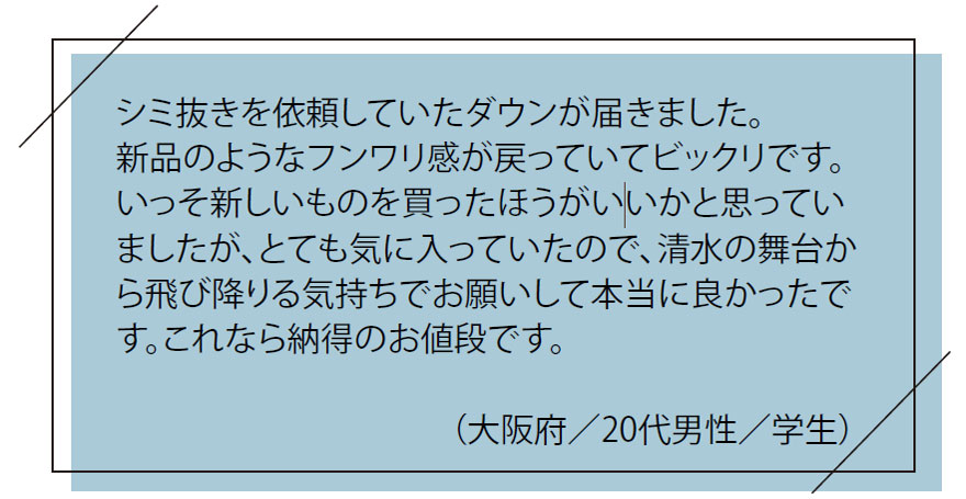 お客様の「お喜び」の声｜シミ抜きを依頼していたダウンが届きました。新品のようなフンワリ感が戻っていてビックリです。